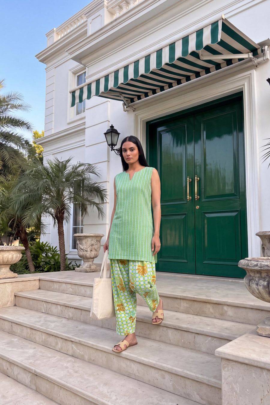 Pistachio Stripe Cotton Sleeveless Farshi Salwar Set — image 12
