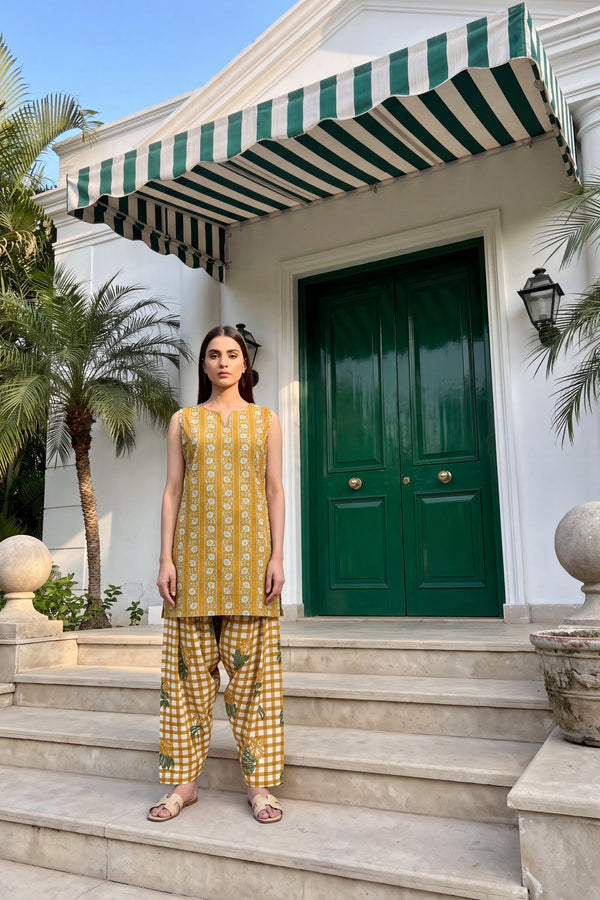 Marigold Check Cotton Sleeveless Farshi Salwar Set