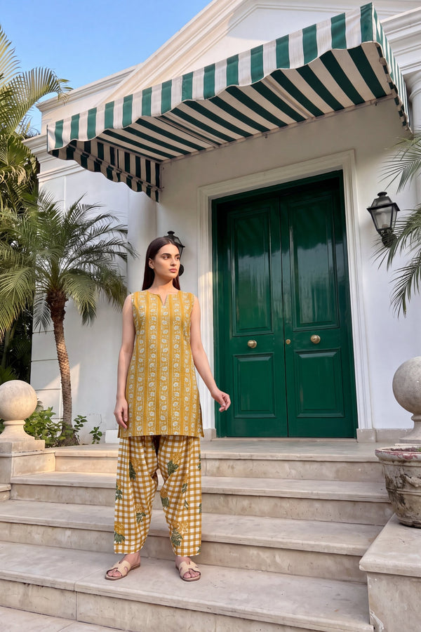 Marigold Check Cotton Sleeveless Farshi Salwar Set