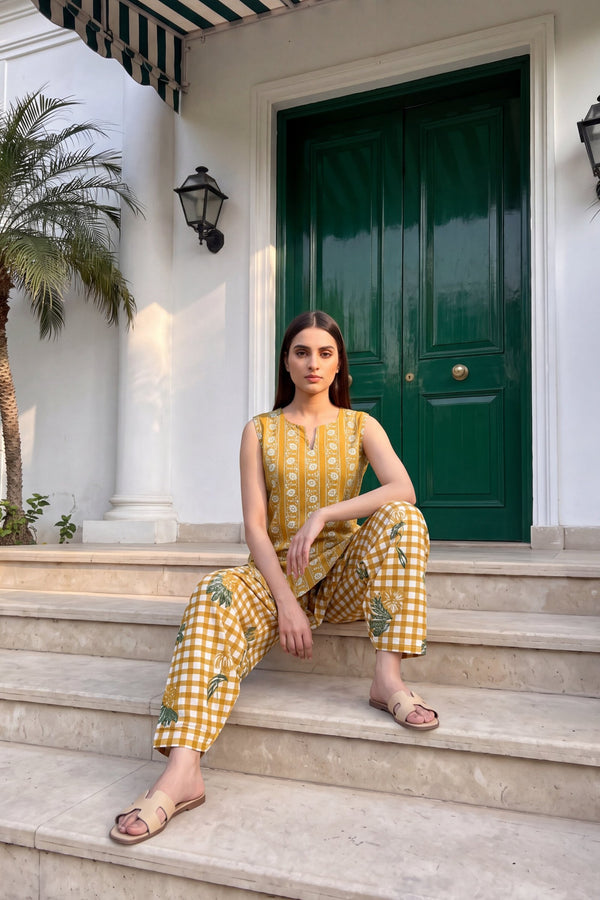 Marigold Check Cotton Sleeveless Farshi Salwar Set