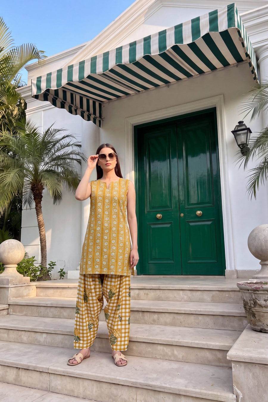 Marigold Check Cotton Sleeveless Farshi Salwar Set — image 5