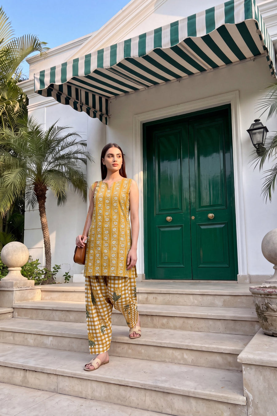 Marigold Check Cotton Sleeveless Farshi Salwar Set — image 6