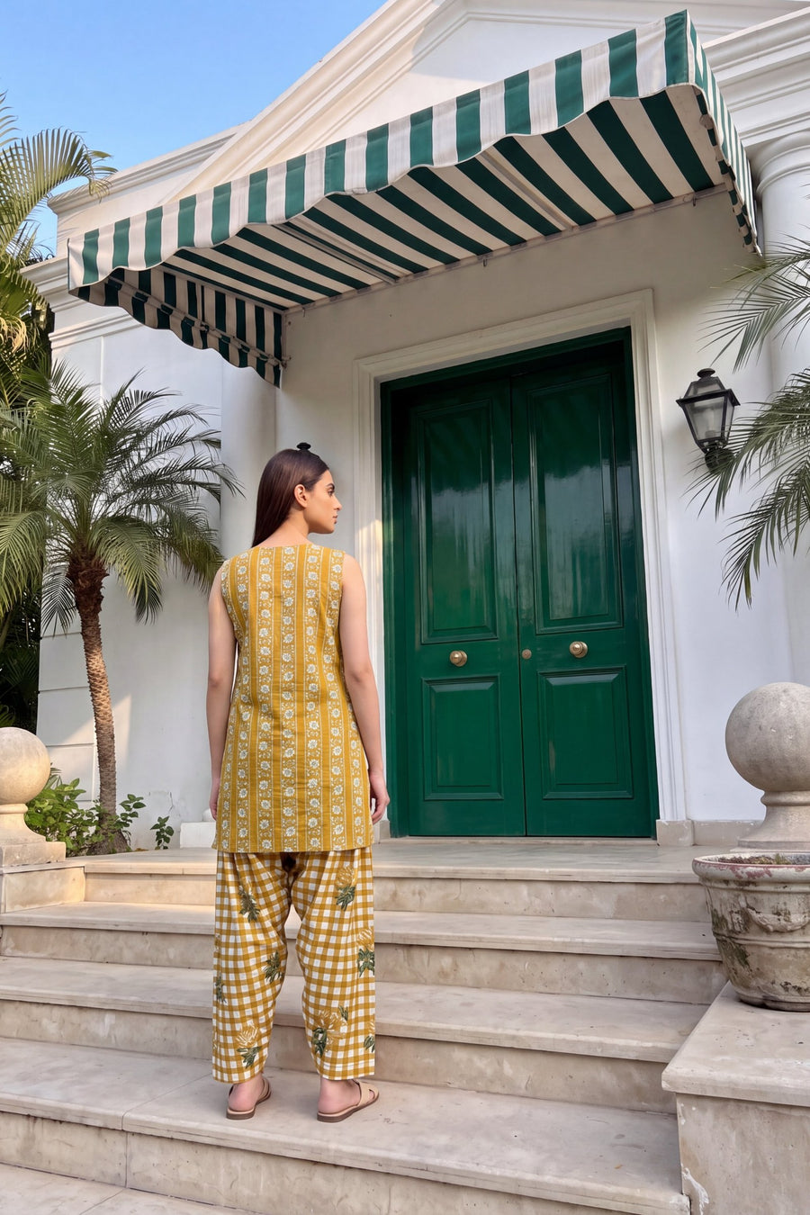 Marigold Check Cotton Sleeveless Farshi Salwar Set — image 7