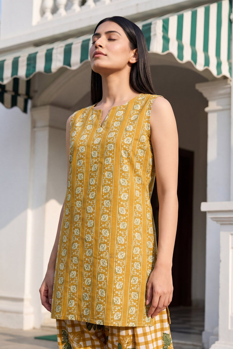 Marigold Check Cotton Sleeveless Farshi Salwar Set — image 8