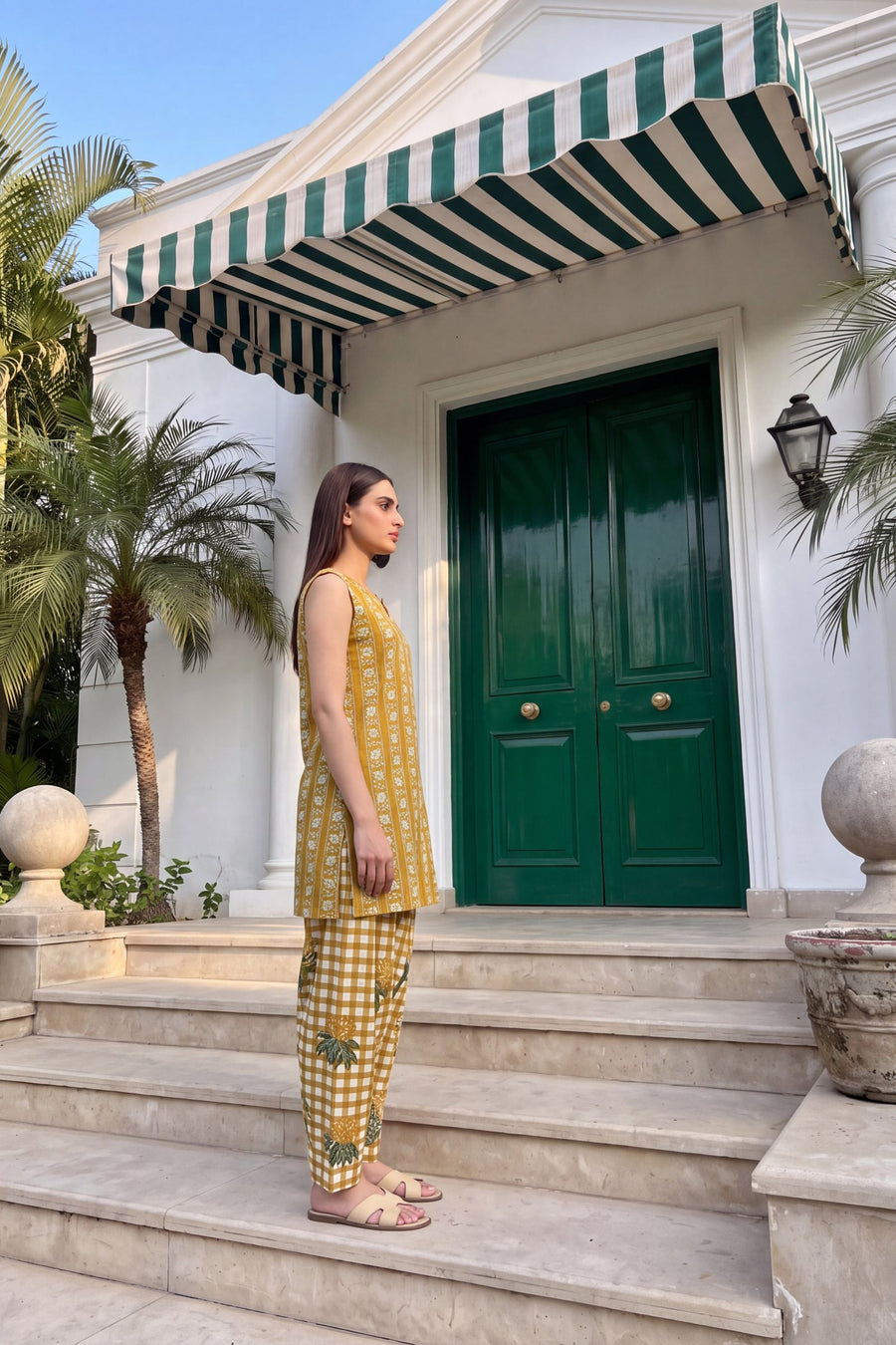Marigold Check Cotton Sleeveless Farshi Salwar Set — image 9