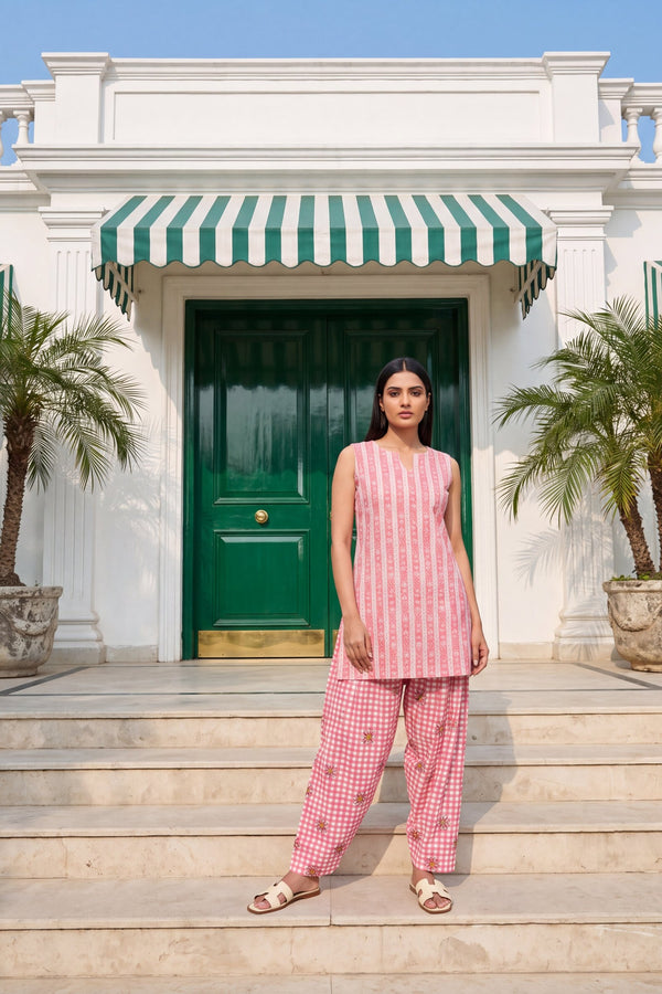 Blush Gingham Cotton Sleeveless Farshi Salwar Set