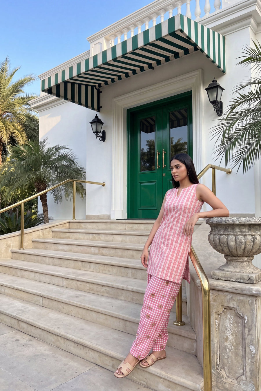 Blush Gingham Cotton Sleeveless Farshi Salwar Set — image 3