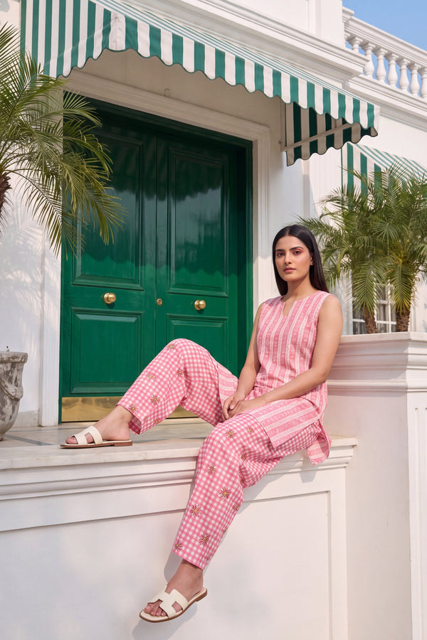 Blush Gingham Cotton Sleeveless Farshi Salwar Set