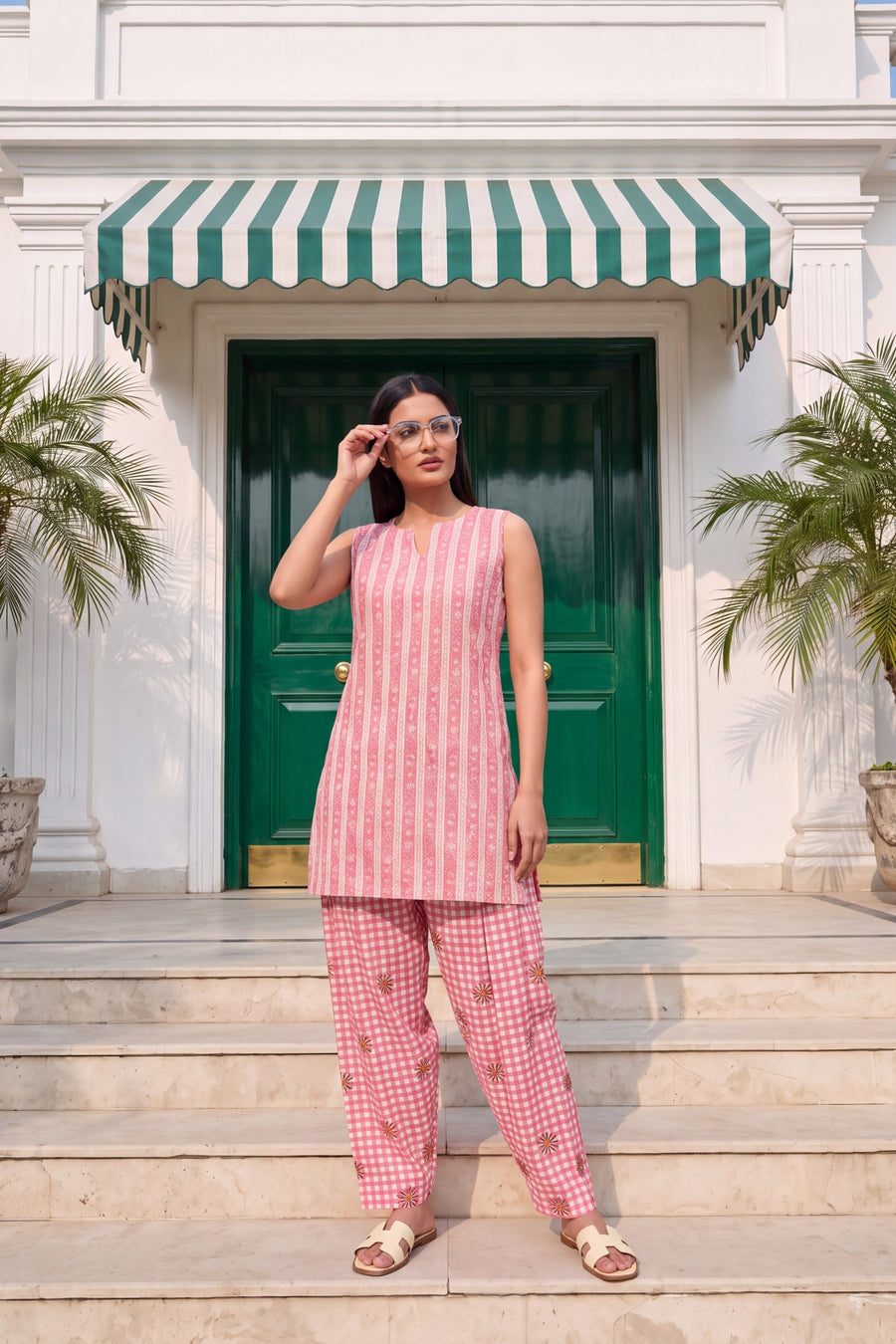 Blush Gingham Cotton Sleeveless Farshi Salwar Set — image 5