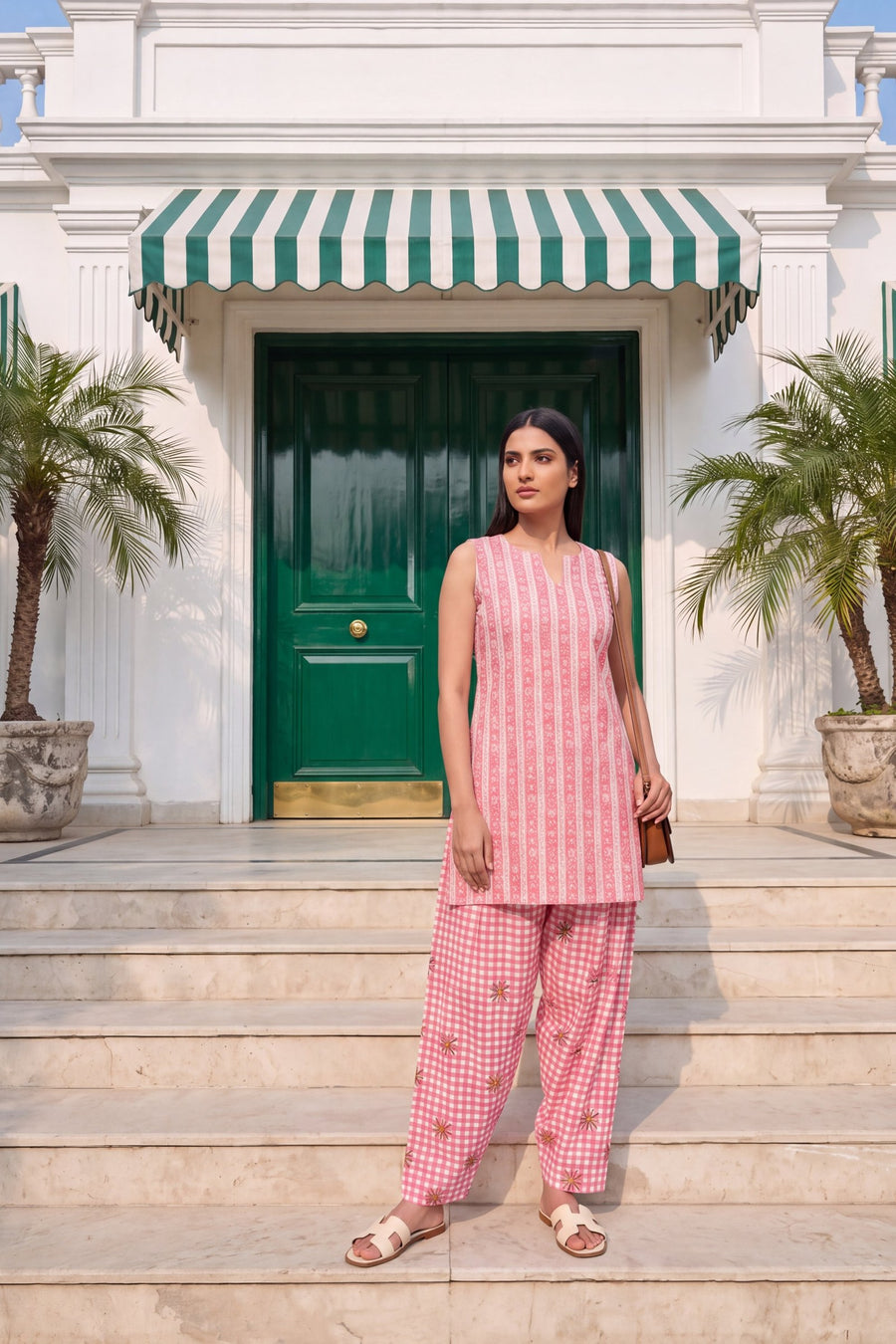 Blush Gingham Cotton Sleeveless Farshi Salwar Set — image 6