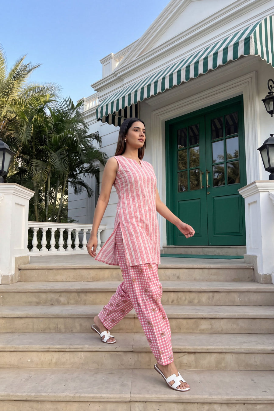 Blush Gingham Cotton Sleeveless Farshi Salwar Set — image 7