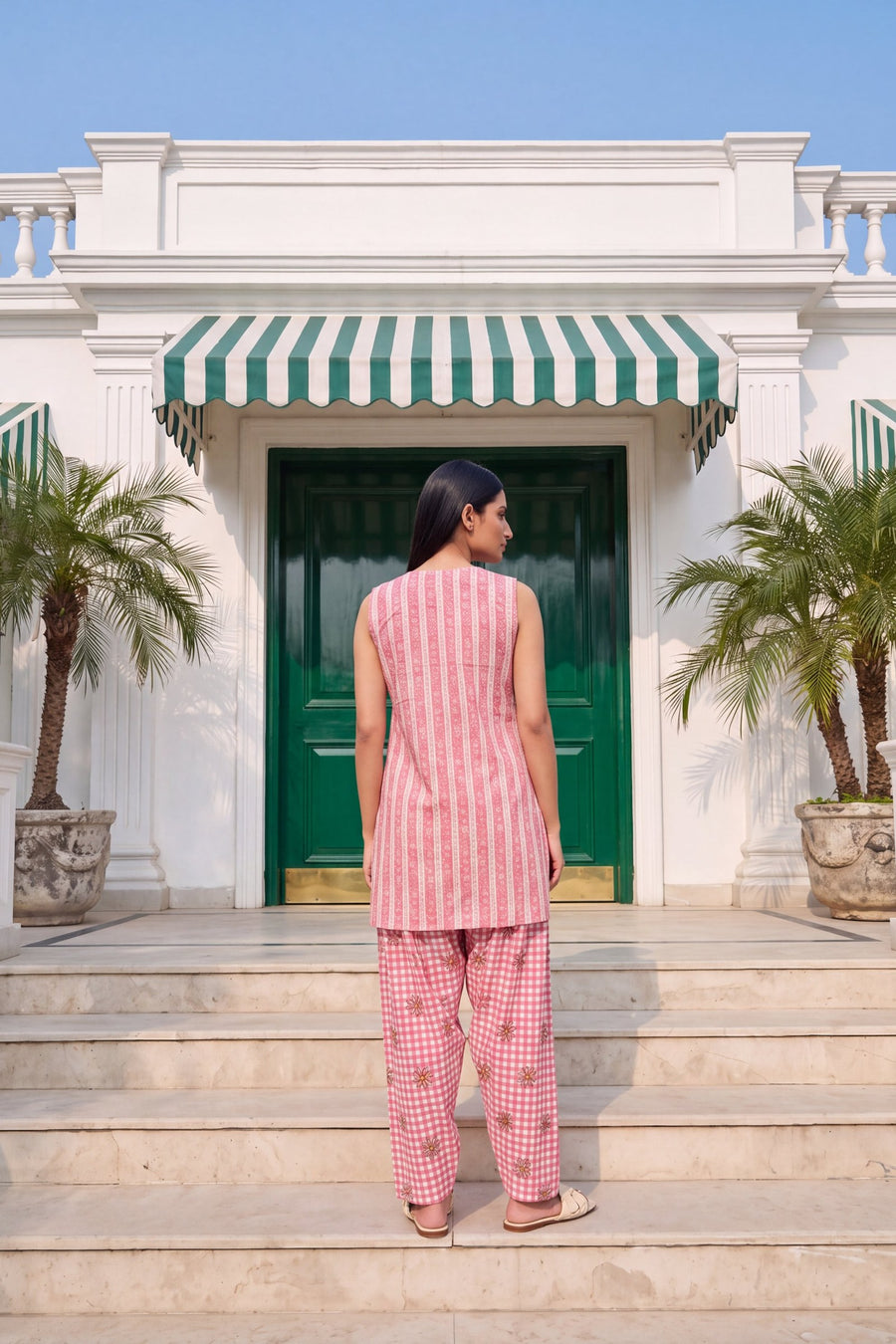 Blush Gingham Cotton Sleeveless Farshi Salwar Set — image 8