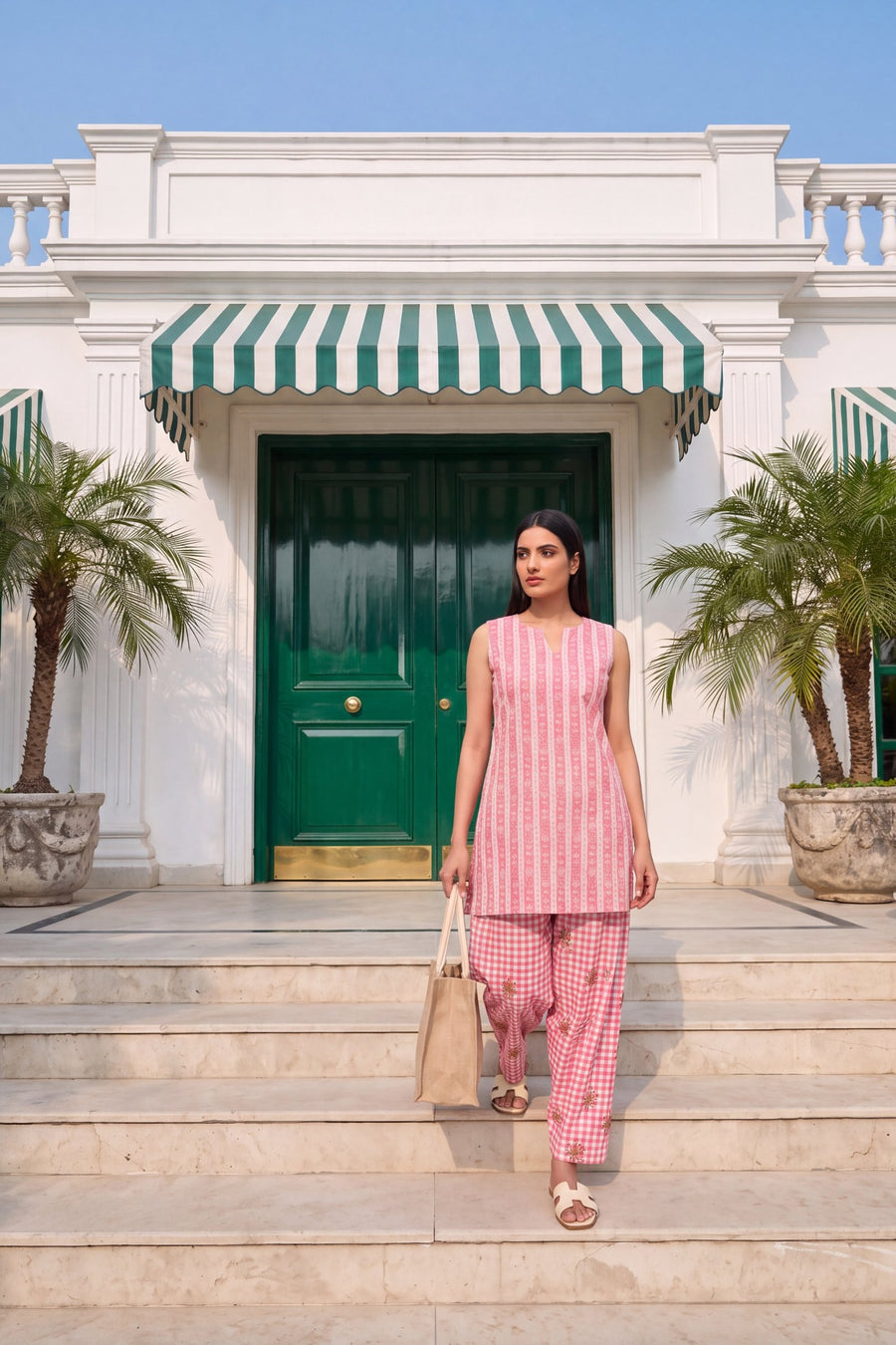 Blush Gingham Cotton Sleeveless Farshi Salwar Set — image 12