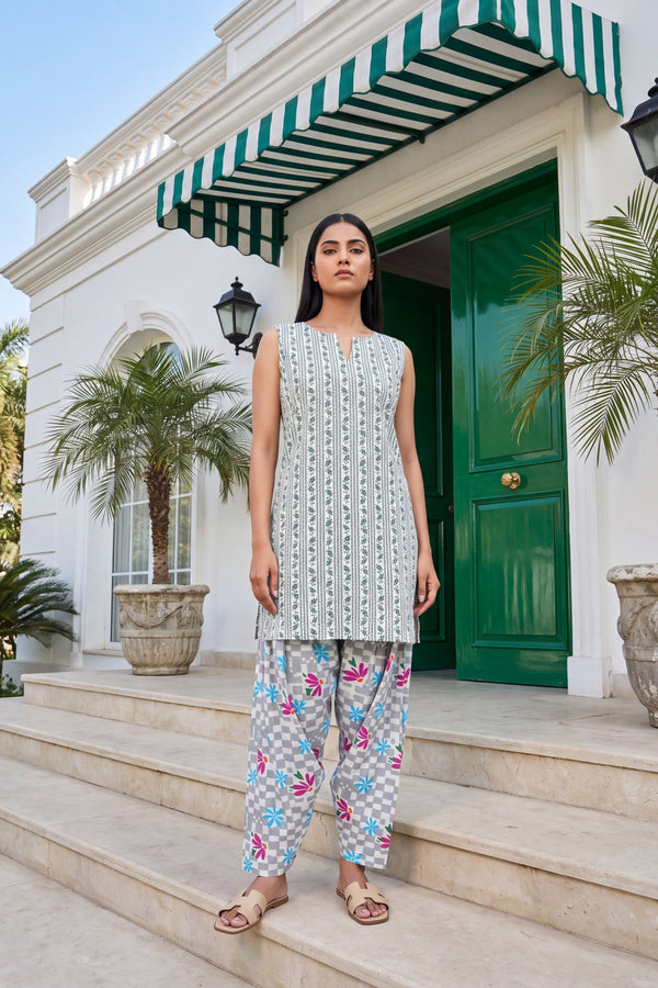 Pearl Petal Cotton Sleeveless Farshi Salwar Set