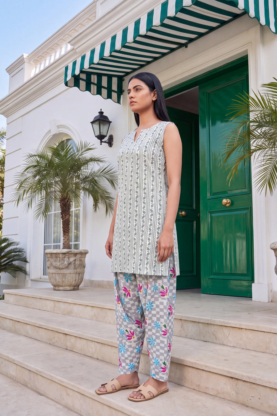 Pearl Petal Cotton Sleeveless Farshi Salwar Set — image 10