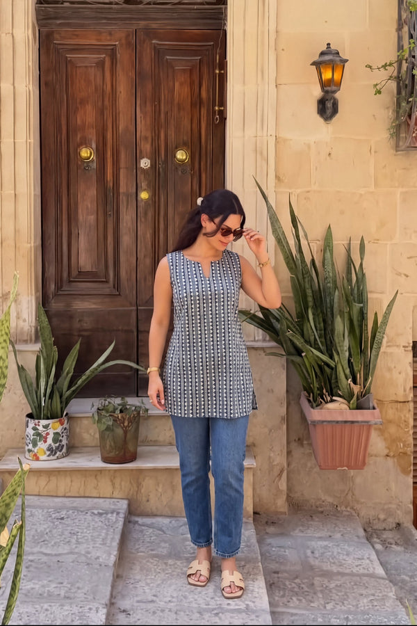 Graphite Mosaic Cotton Sleeveless Top