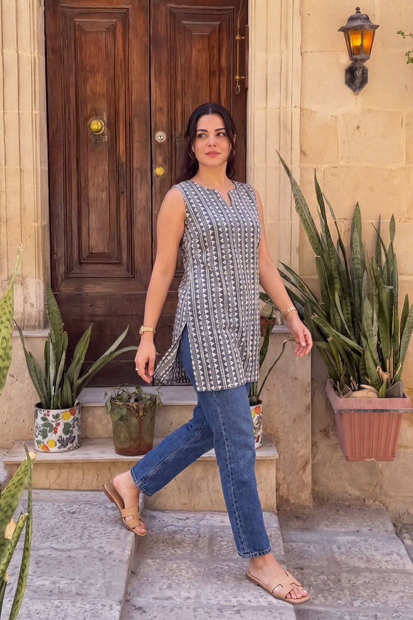 Graphite Mosaic Cotton Sleeveless Top