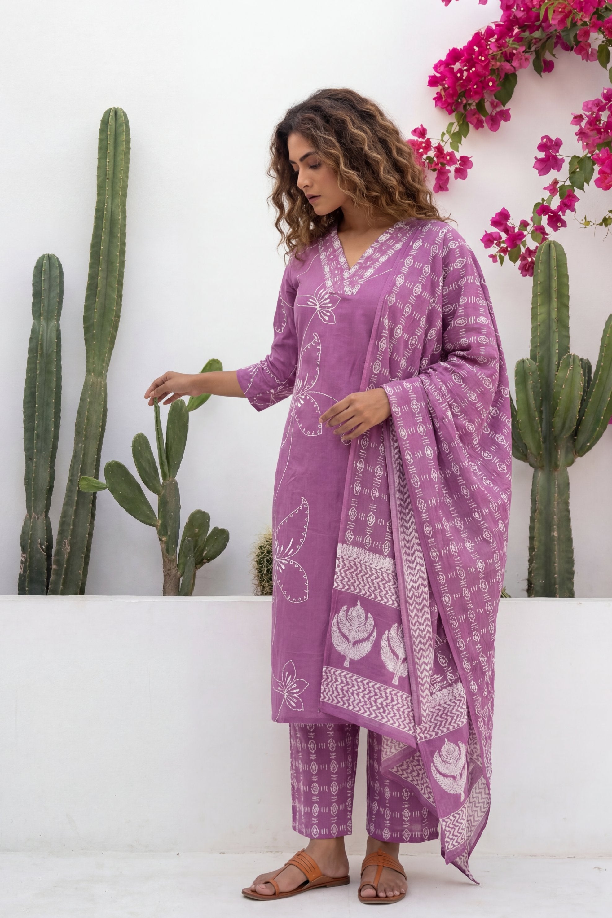 Mauve Garden Drift Floral Cotton Dupatta Set | Me&My