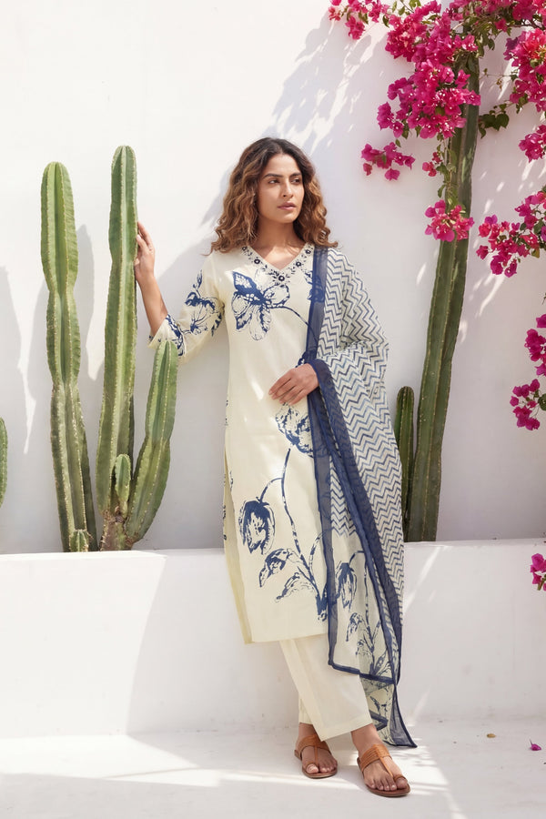 Cream Iris Garden Botanical Cotton Dupatta Set