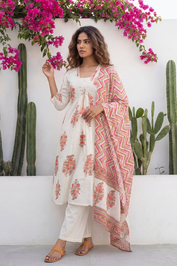 Ivory Boota Tassel Floral Cotton Dupatta Set