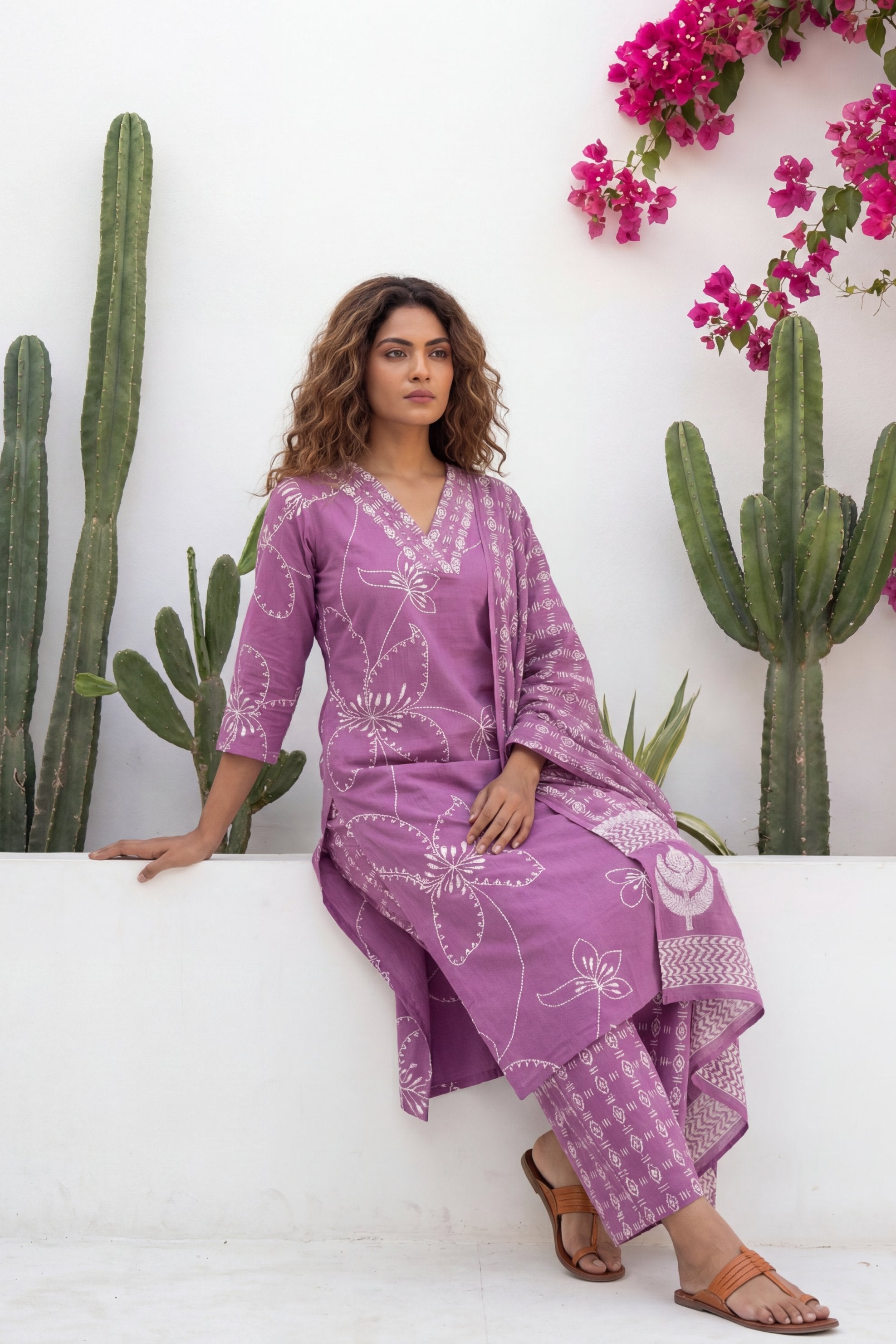 Mauve Garden Drift Floral Cotton Dupatta Set | Me&My