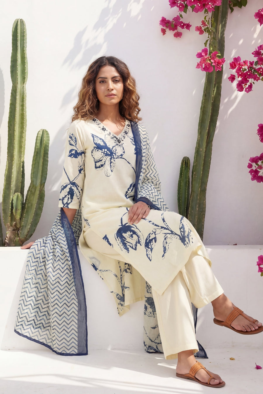 Cream Iris Garden Botanical Cotton Dupatta Set — image 11
