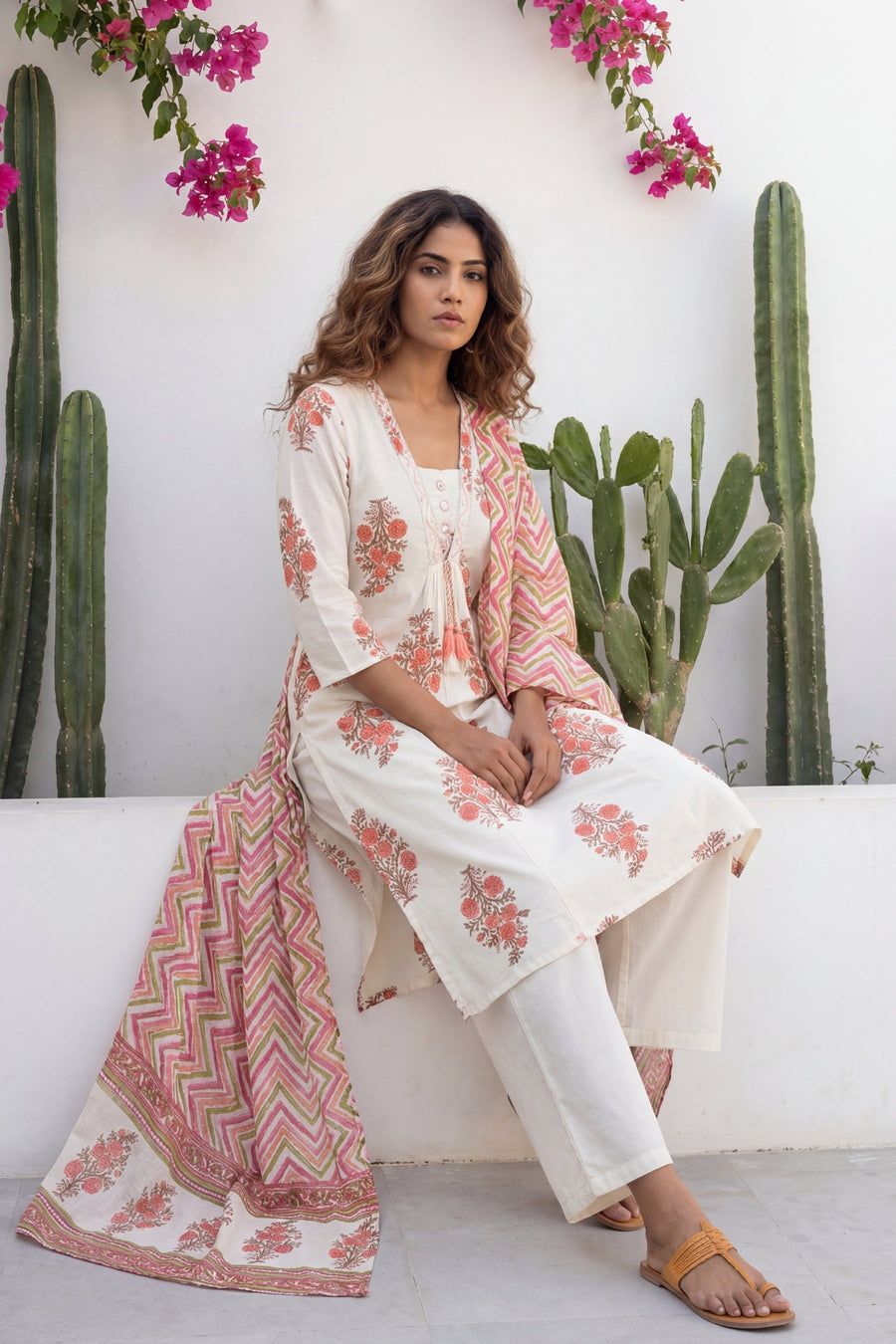 Ivory Boota Tassel Floral Cotton Dupatta Set — image 8