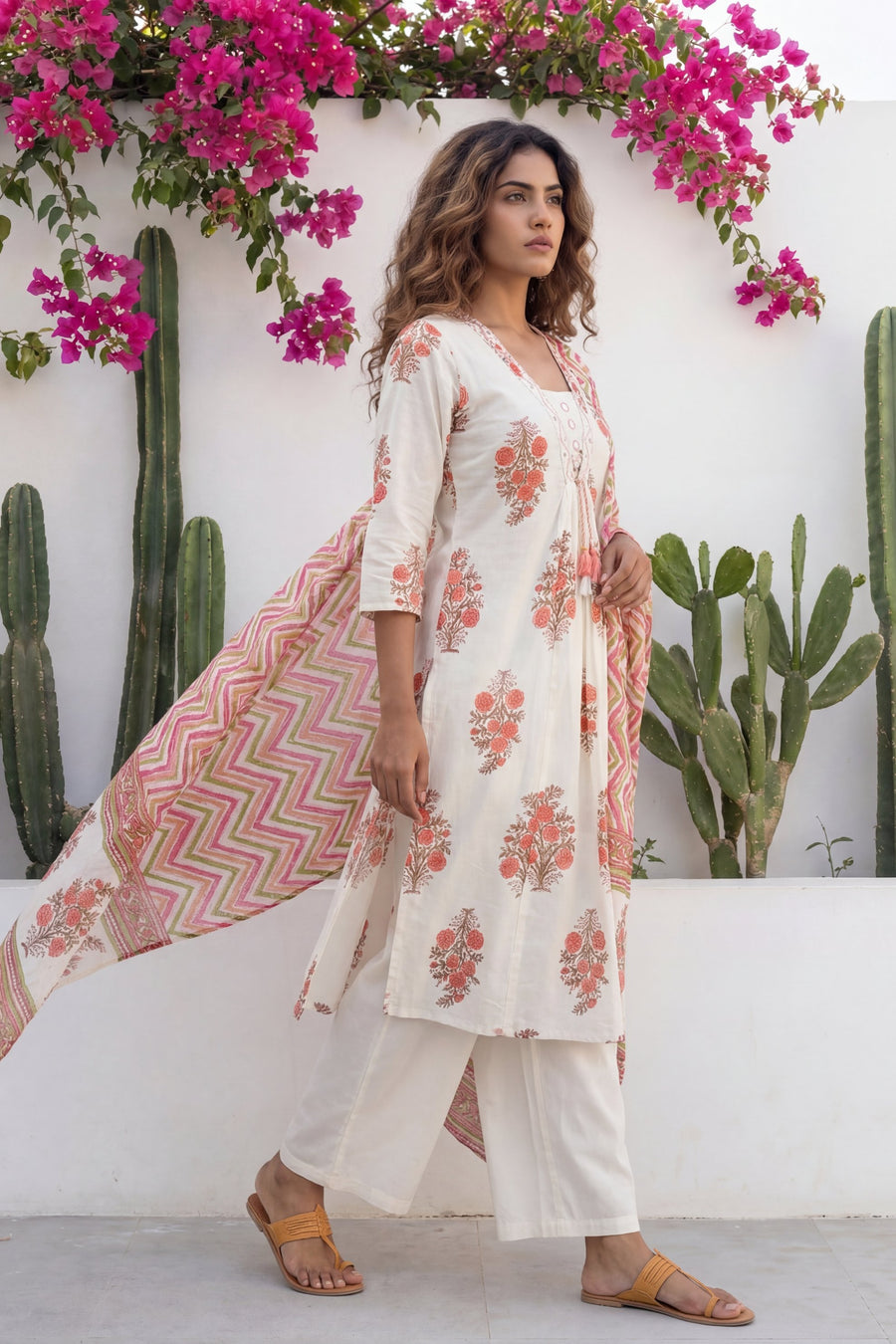 Ivory Boota Tassel Floral Cotton Dupatta Set — image 6
