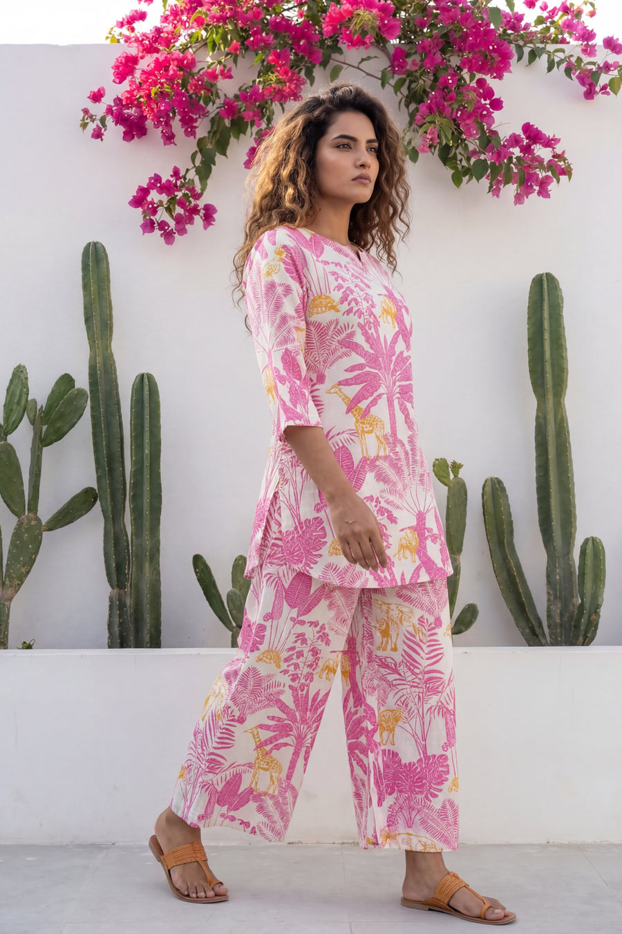 Safari Chic Bright Pink Leopard Palm Cotton Co-ord Set — image 7