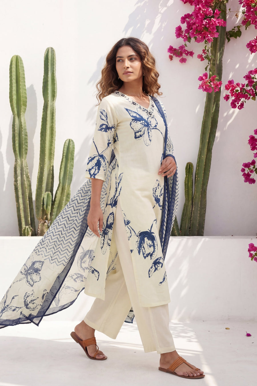 Cream Iris Garden Botanical Cotton Dupatta Set — image 9