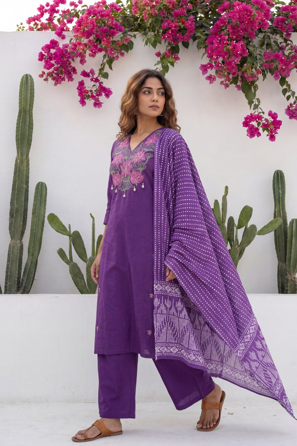 Plum Boota Sovereign Embroidered Cotton Dupatta Set