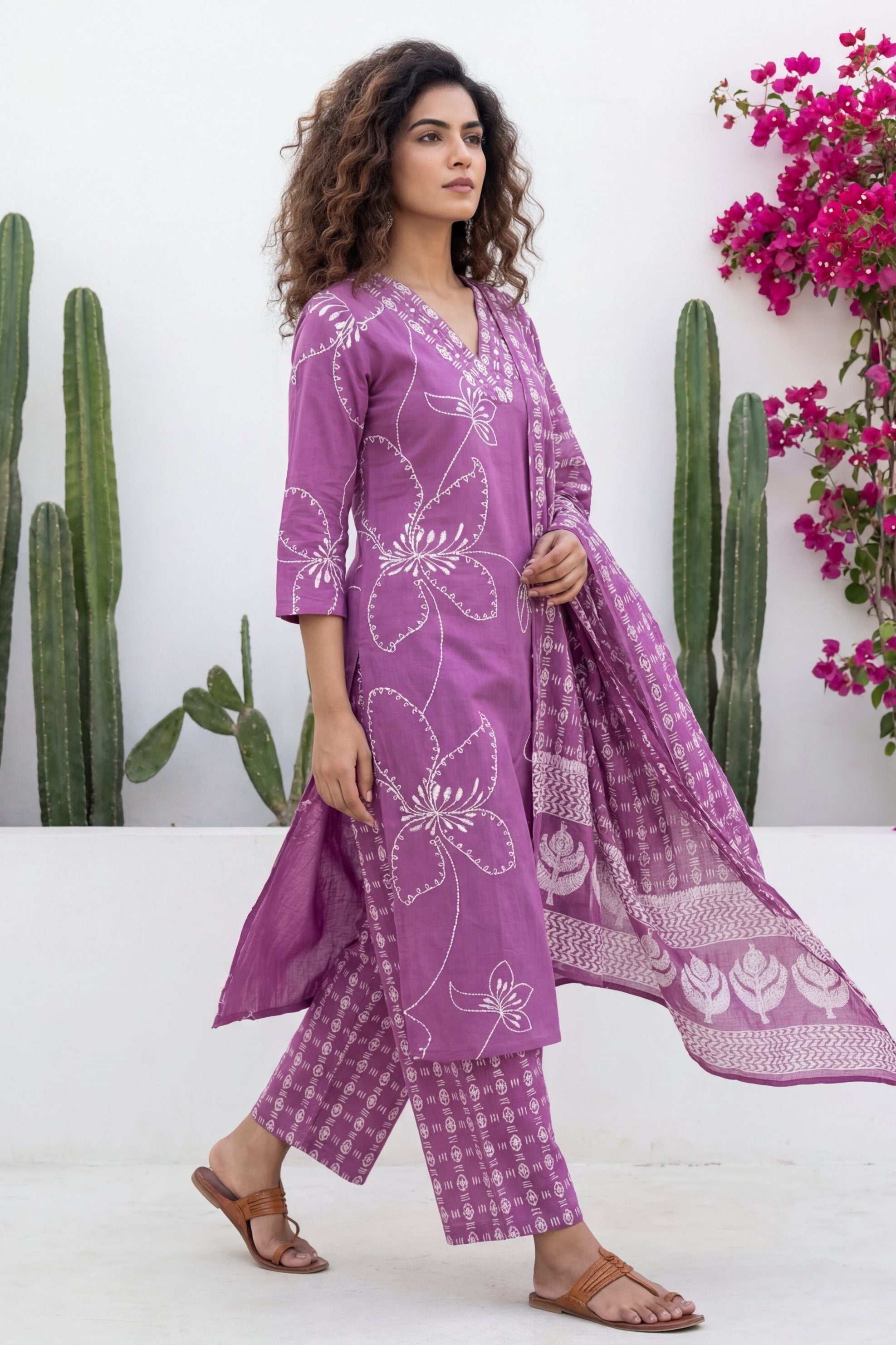 Mauve Garden Drift Floral Cotton Dupatta Set | Me&My