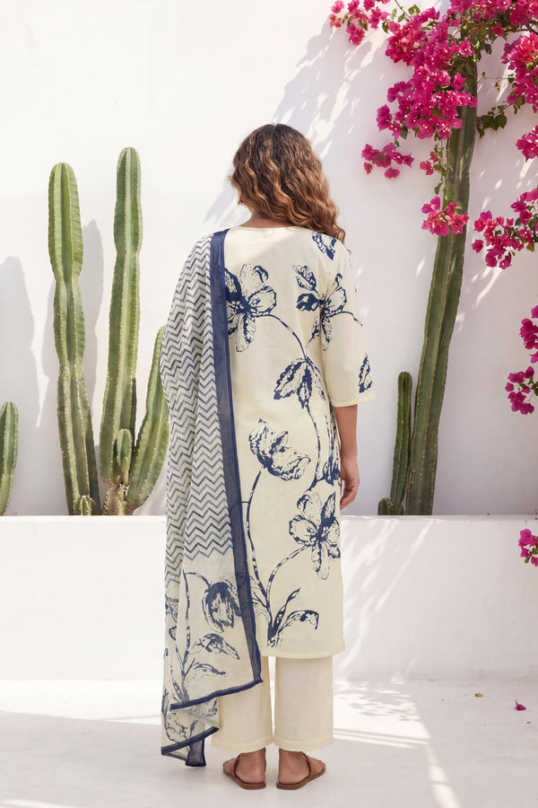 Cream Iris Garden Botanical Cotton Dupatta Set