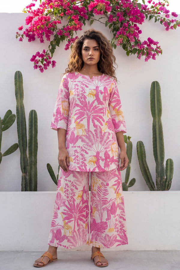 Safari Chic Bright Pink Leopard Palm Cotton Co-ord Set