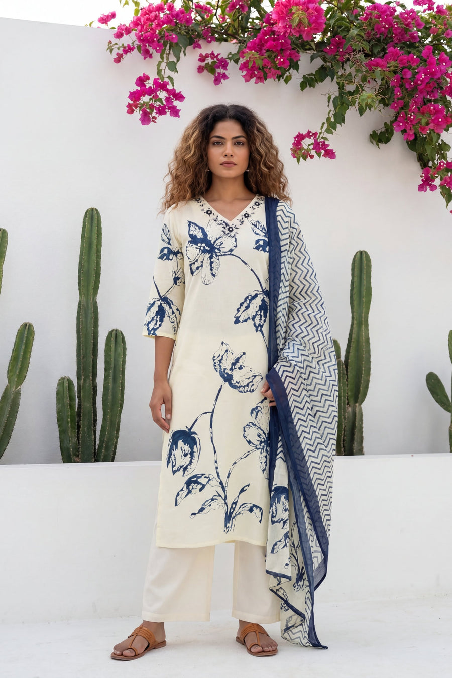 Cream Iris Garden Botanical Cotton Dupatta Set — image 10