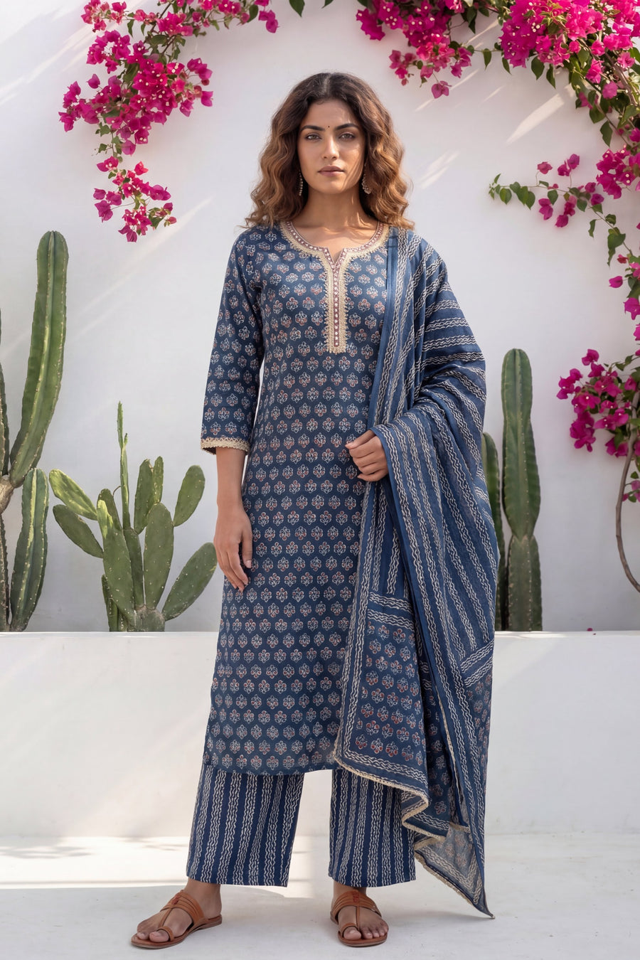 Indigo Boota Crest Floral Cotton Dupatta Set — image 7