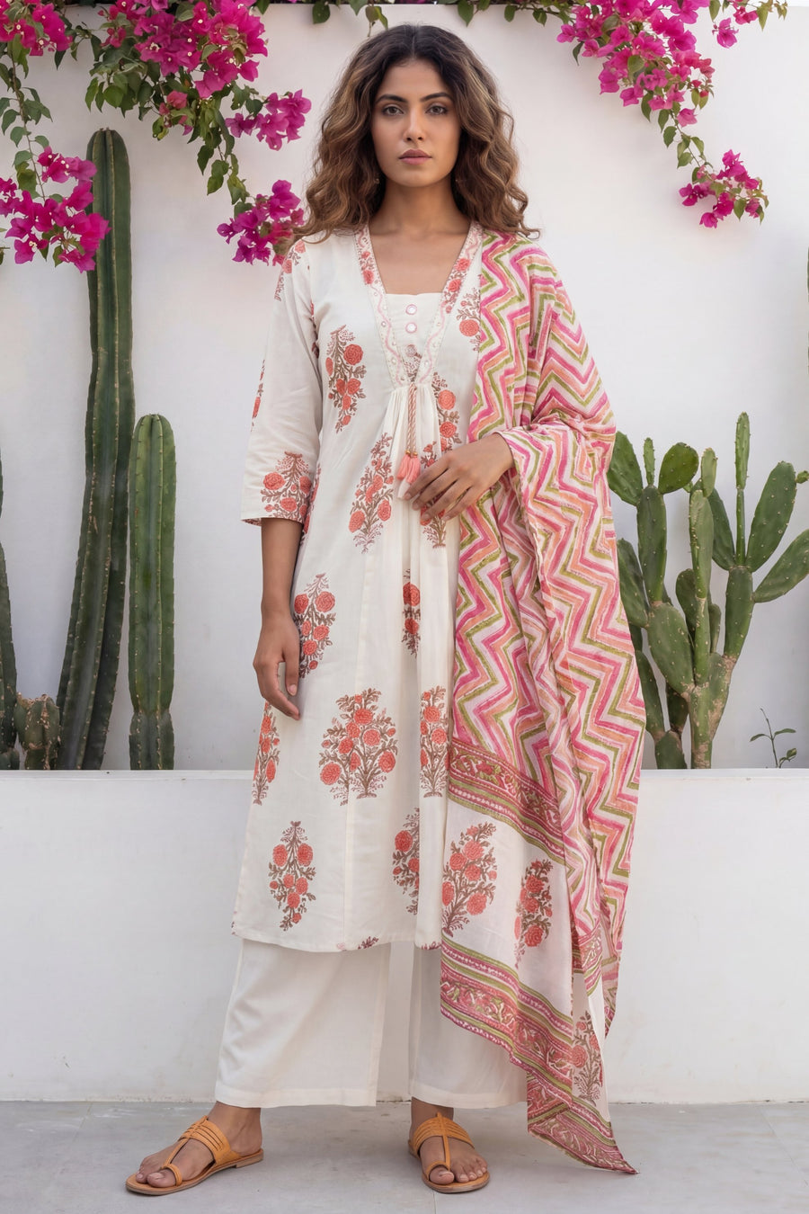 Ivory Boota Tassel Floral Cotton Dupatta Set — image 10