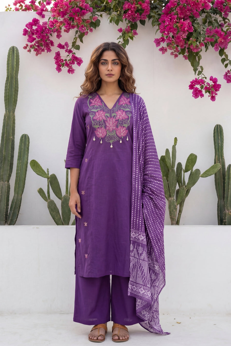 Plum Boota Sovereign Embroidered Cotton Dupatta Set — image 6