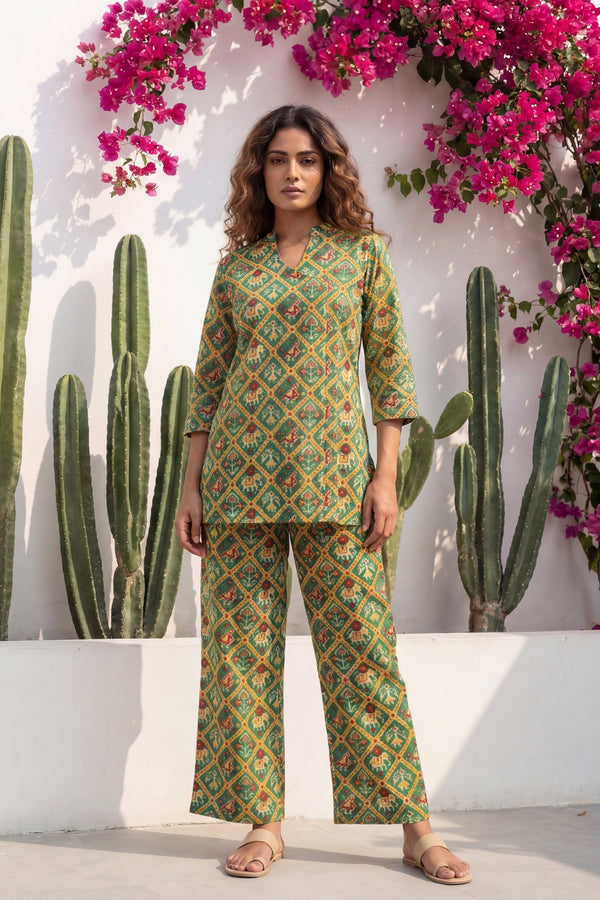 Geometric Heritage Green Ikat Cotton Co-ord Set
