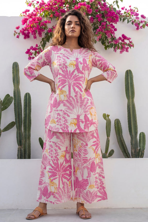 Safari Chic Bright Pink Leopard Palm Cotton Co-ord Set