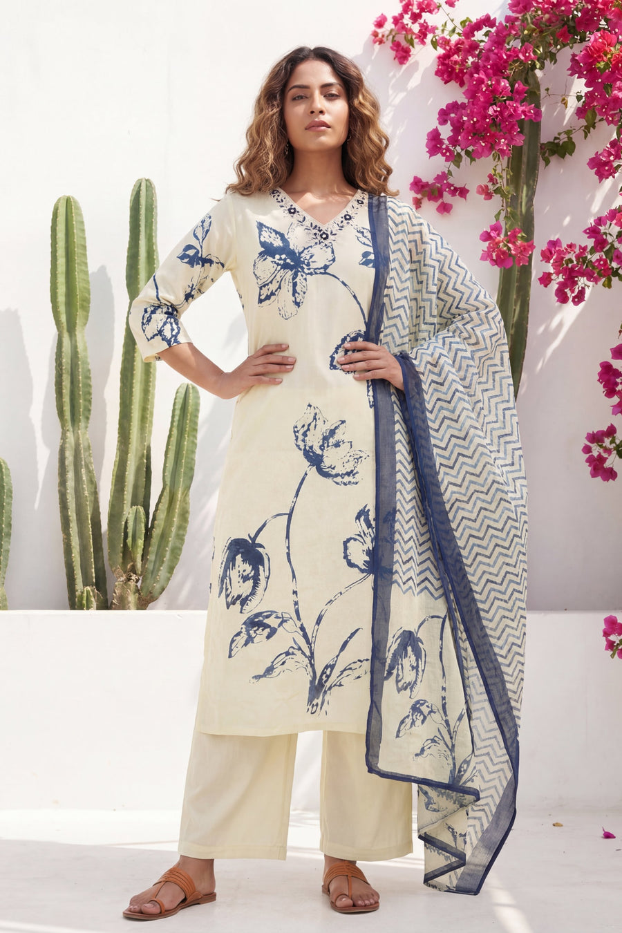 Cream Iris Garden Botanical Cotton Dupatta Set — image 7
