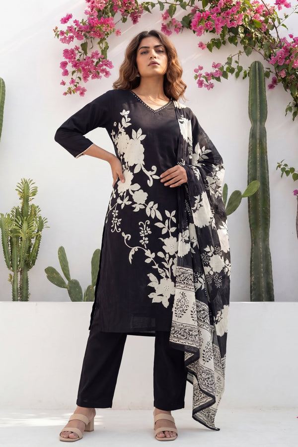 Obsidian Garden Drift Floral Cotton Dupatta Set