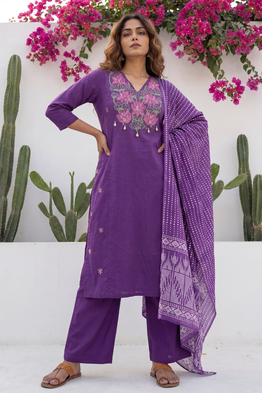 Plum Boota Sovereign Embroidered Cotton Dupatta Set — image 7