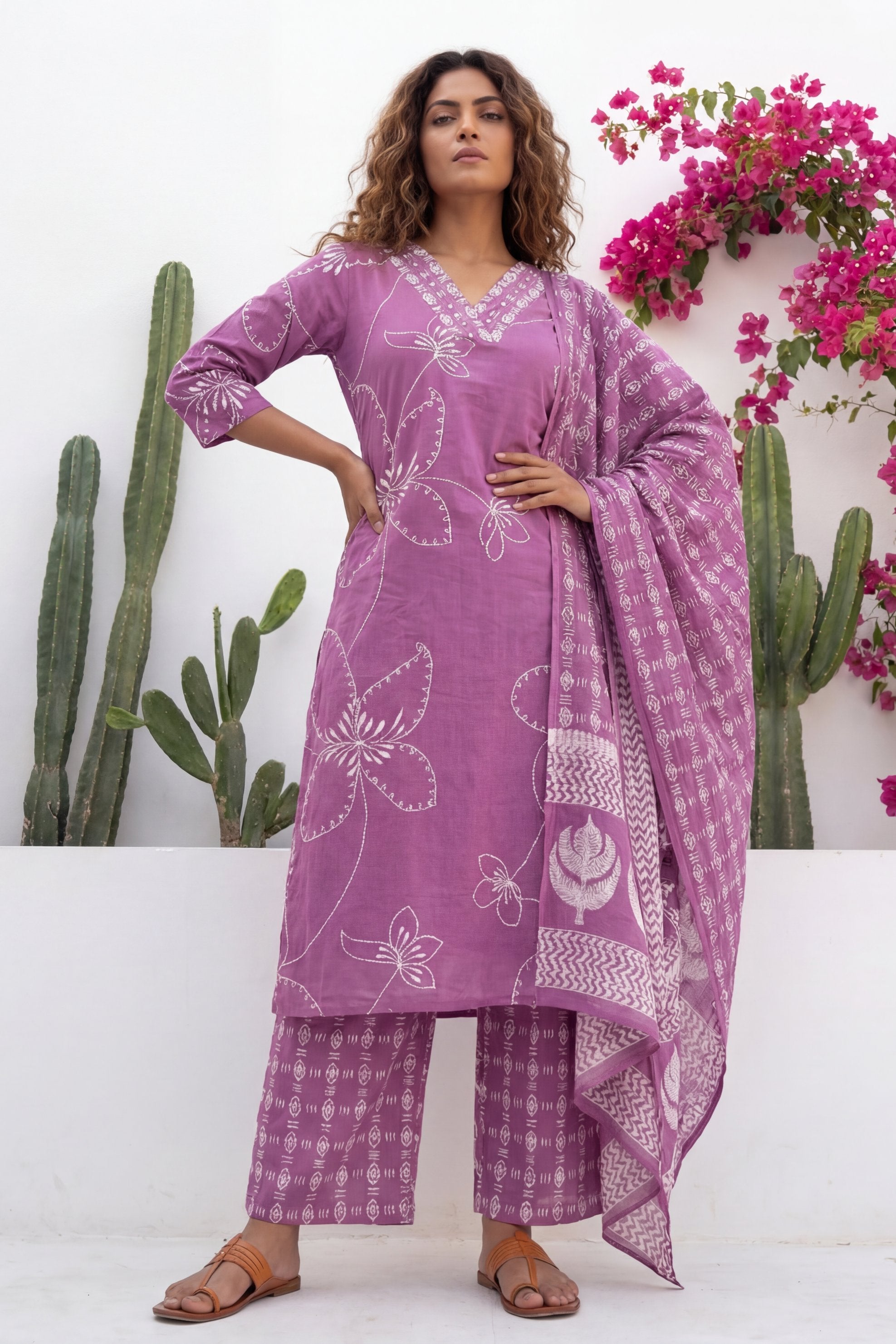 Mauve Garden Drift Floral Cotton Dupatta Set | Me&My