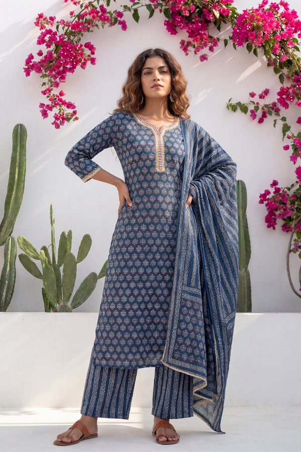 Indigo Boota Crest Floral Cotton Dupatta Set