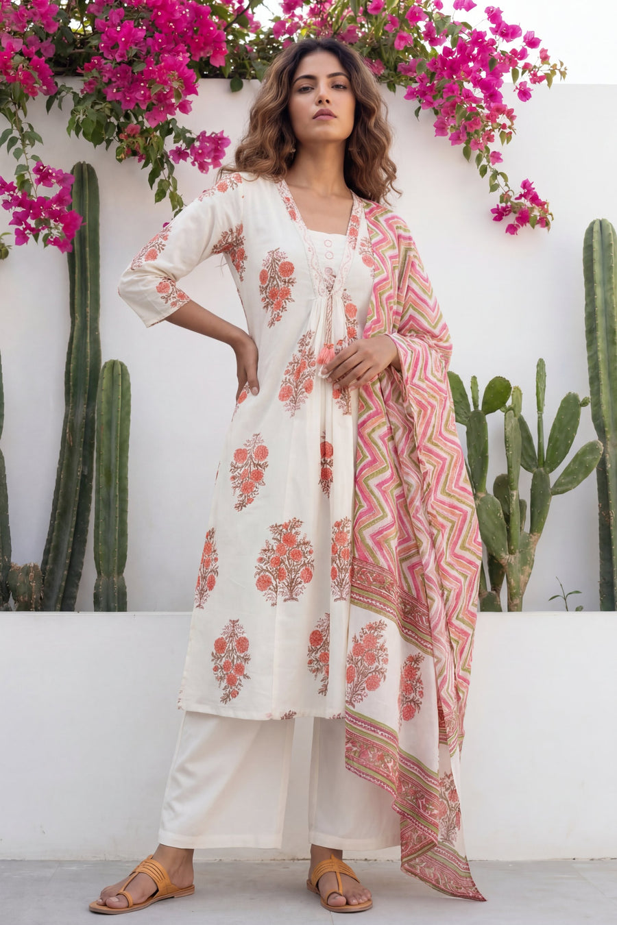 Ivory Boota Tassel Floral Cotton Dupatta Set — image 11