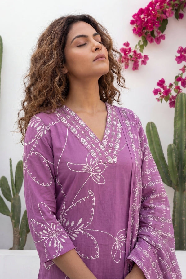 Mauve Garden Drift Floral Cotton Dupatta Set