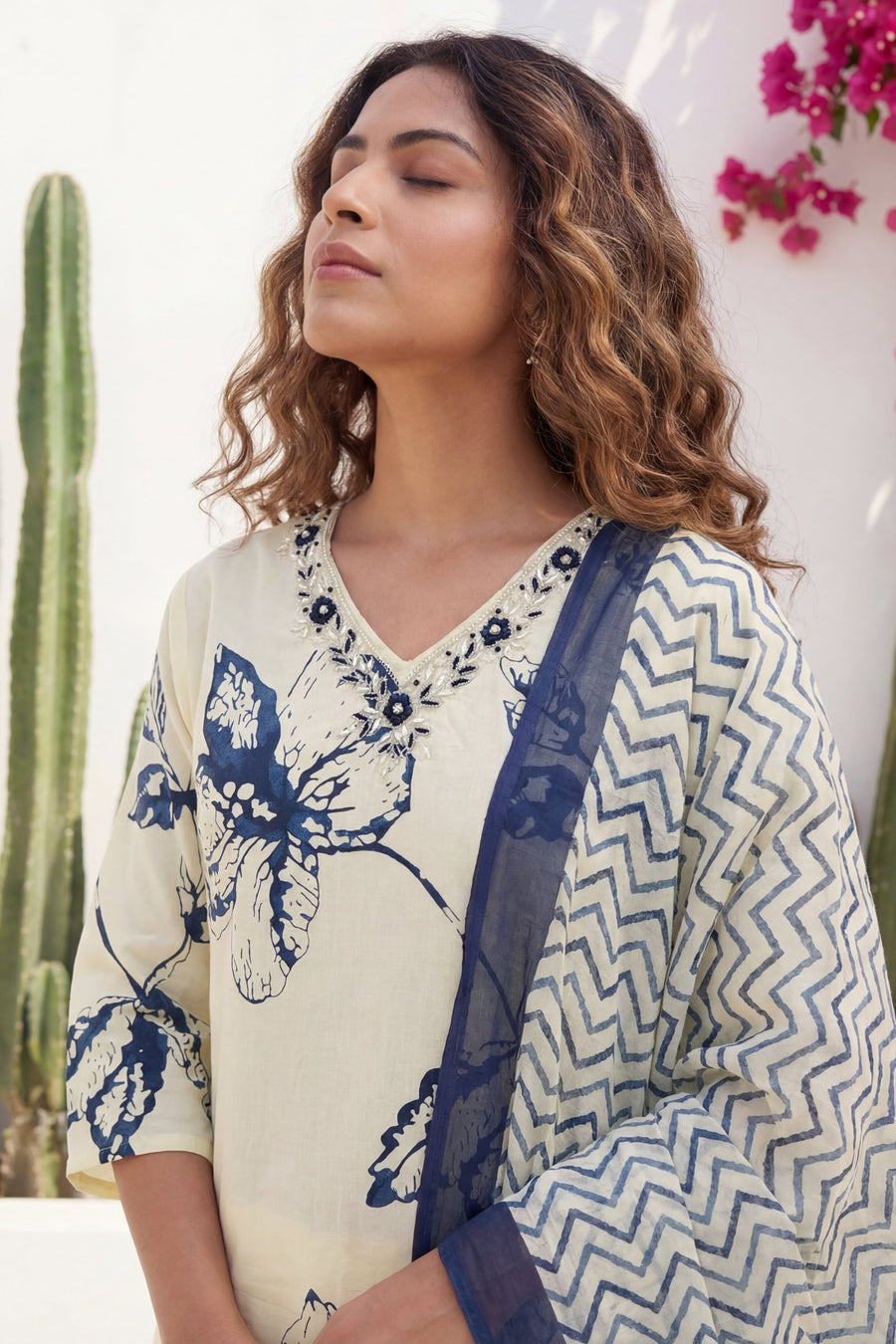 Cream Iris Garden Botanical Cotton Dupatta Set — image 5
