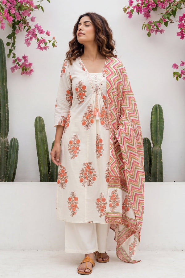 Ivory Boota Tassel Floral Cotton Dupatta Set