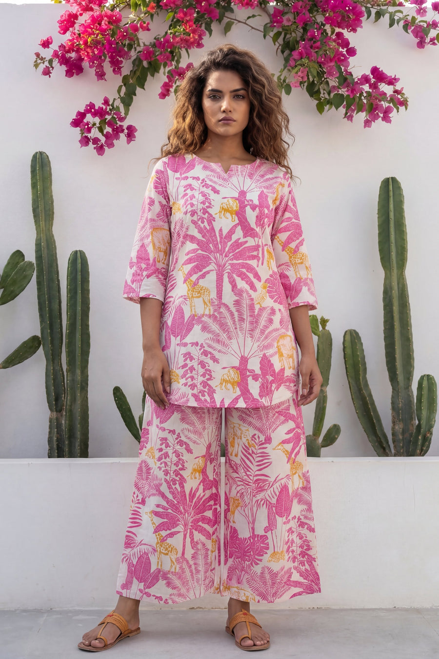 Safari Chic Bright Pink Leopard Palm Cotton Co-ord Set — image 9